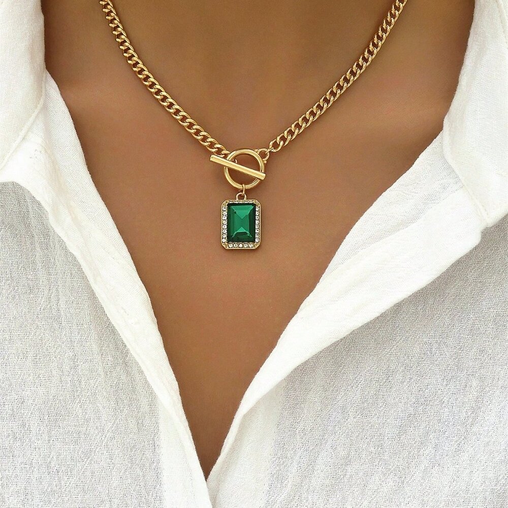 Green Rectangle Gemstone Pendant Necklace